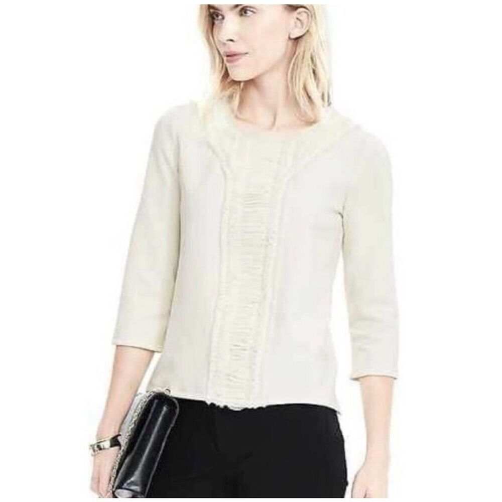 Banana Republic Quarter Sleeve Detailed Front Fleece Sweater Top Ivory Small‎